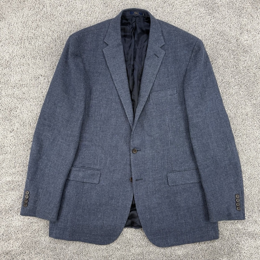Polo Ralph Lauren Blazer Men's 46L‎ Blue Houndstooth Linen Wool Dual Vent Custom